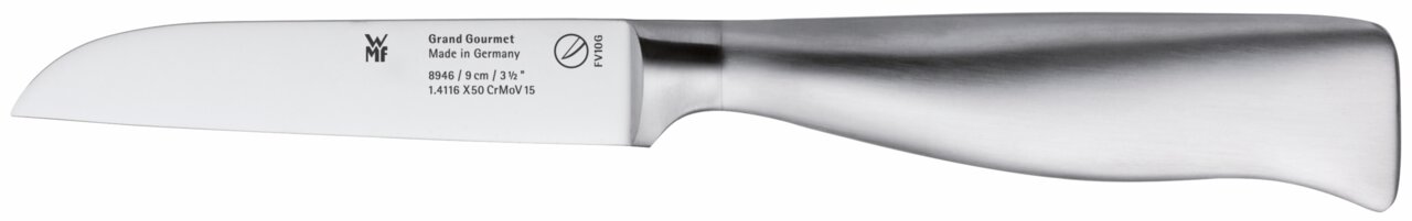 Seitenansicht eines WMF Grand Gourmet Messers mit Edelstahlgriff und Klinge, Made in Germany, 9 cm Länge.