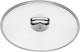 Oberansicht eines ovalen Glasdeckels mit Edelstahlgriff, passend für den ovalen Bräter Rose 36,5cm.