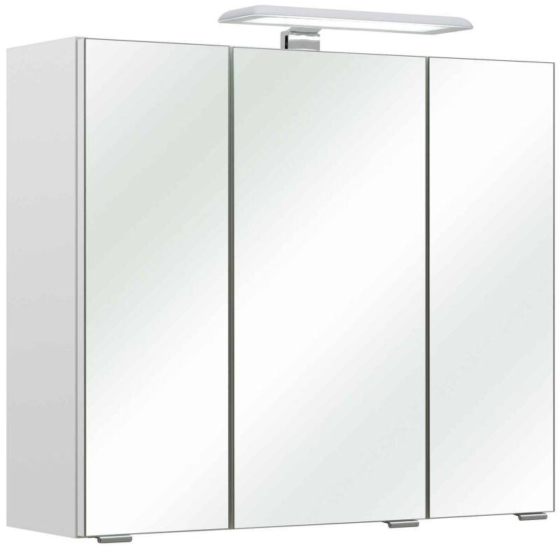 Moderner Spiegelschrank mit drei Türen und integrierter Beleuchtung, seitliche Perspektive