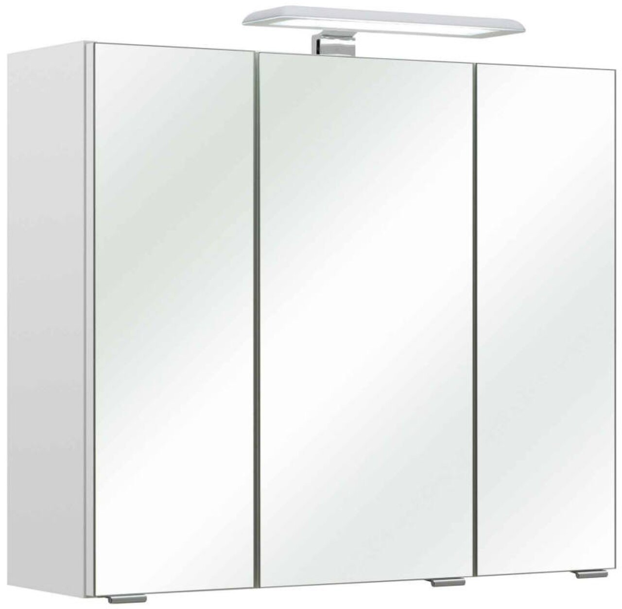 Moderner Spiegelschrank mit drei Türen und integrierter Beleuchtung, seitliche Perspektive