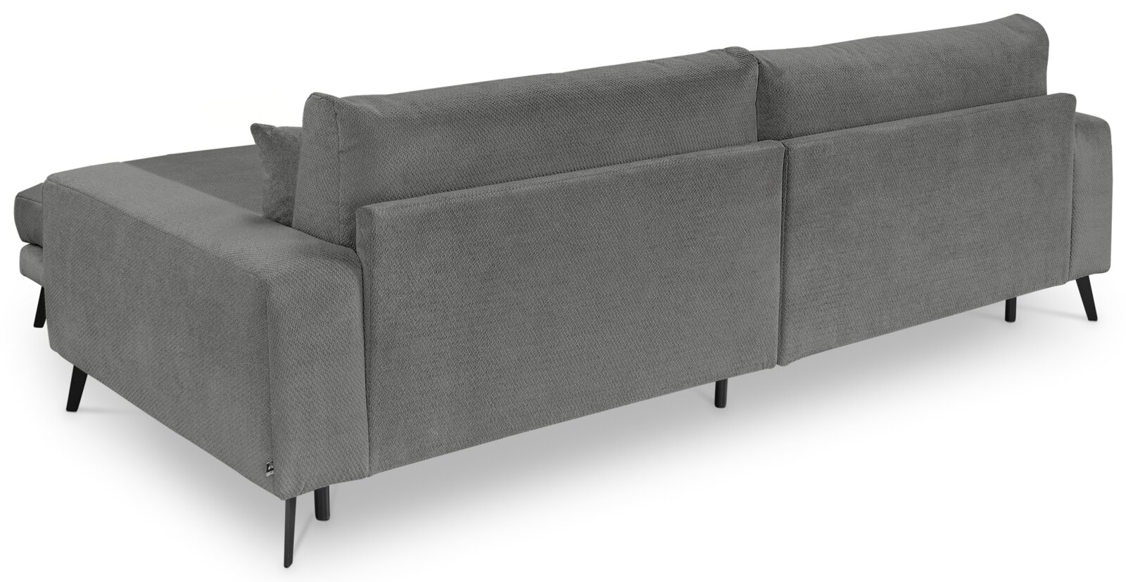 Graues, modernes Ecksofa mit Recamiere links, Stoffbezug und schwarzen Metallfüßen, gezeigt in schräger Rückansicht von hinten links auf weißem Hintergrund