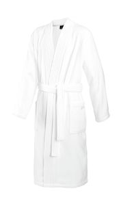 Weißer Kimono in Größe 58/60, Vorderansicht, mit Gürtel und Taschen.