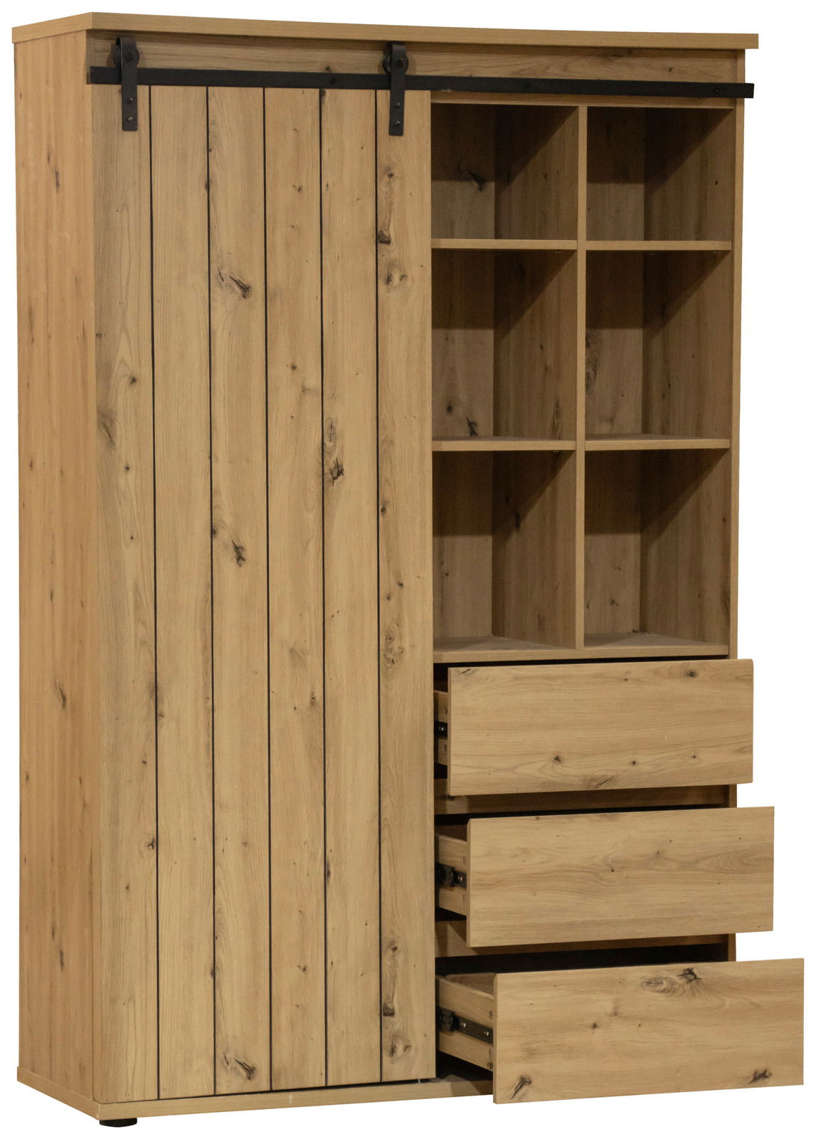 Holz-Highboard mit Schiebetür und offenen Fächern, seitliche Perspektive