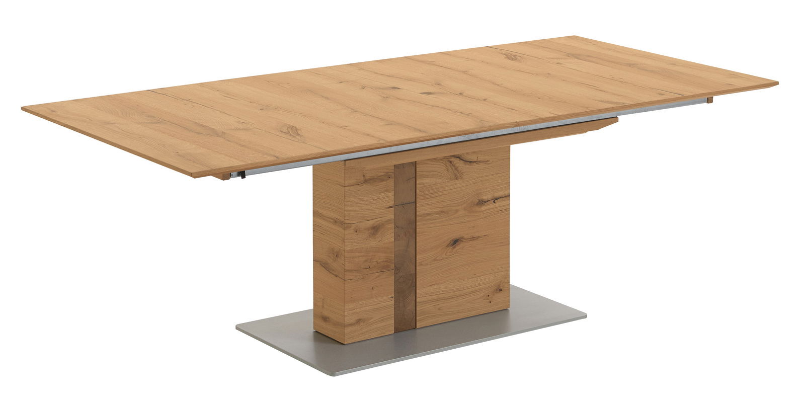 Moderner Esstisch aus Holz mit rechteckiger Tischplatte und stabiler Mittelsäule, seitliche Perspektive