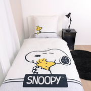 Renforcé-Bettwäsche mit Snoopy-Design, frontal von oben fotografiert, zeigt Snoopy und Woodstock auf weißem Hintergrund.