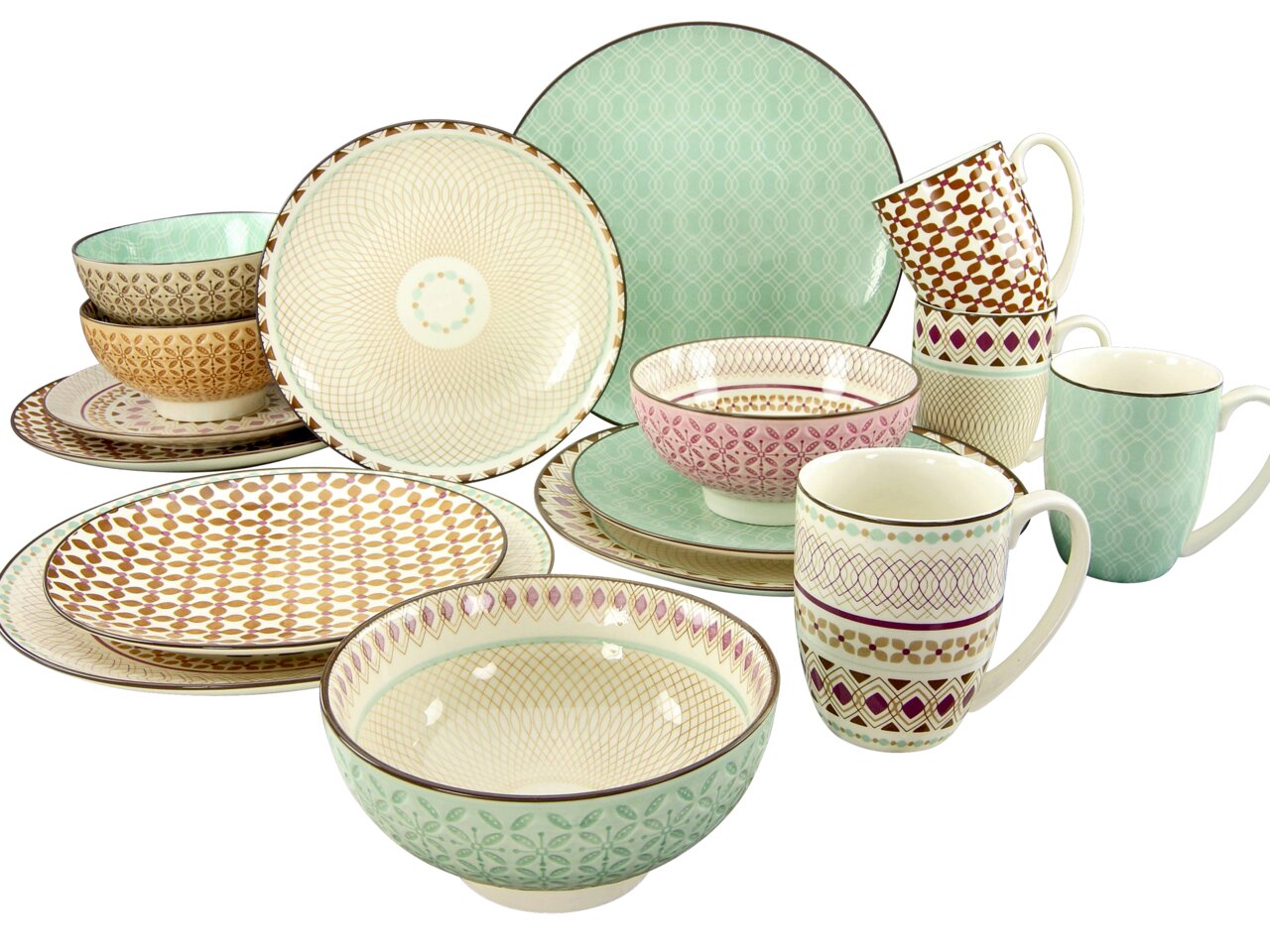 Kombiservice 16-tlg mit verschiedenen Mustern und Farben, bestehend aus Tellern, Schalen und Tassen, aus einer leicht erhöhten Perspektive fotografiert.