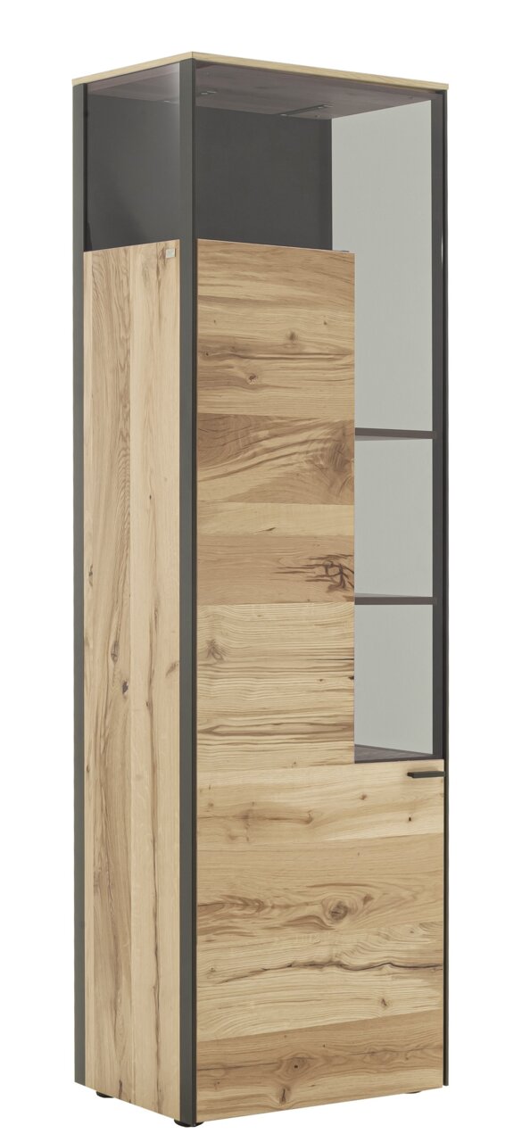 Vitrine aus Holz mit Glasfront, seitliche Perspektive