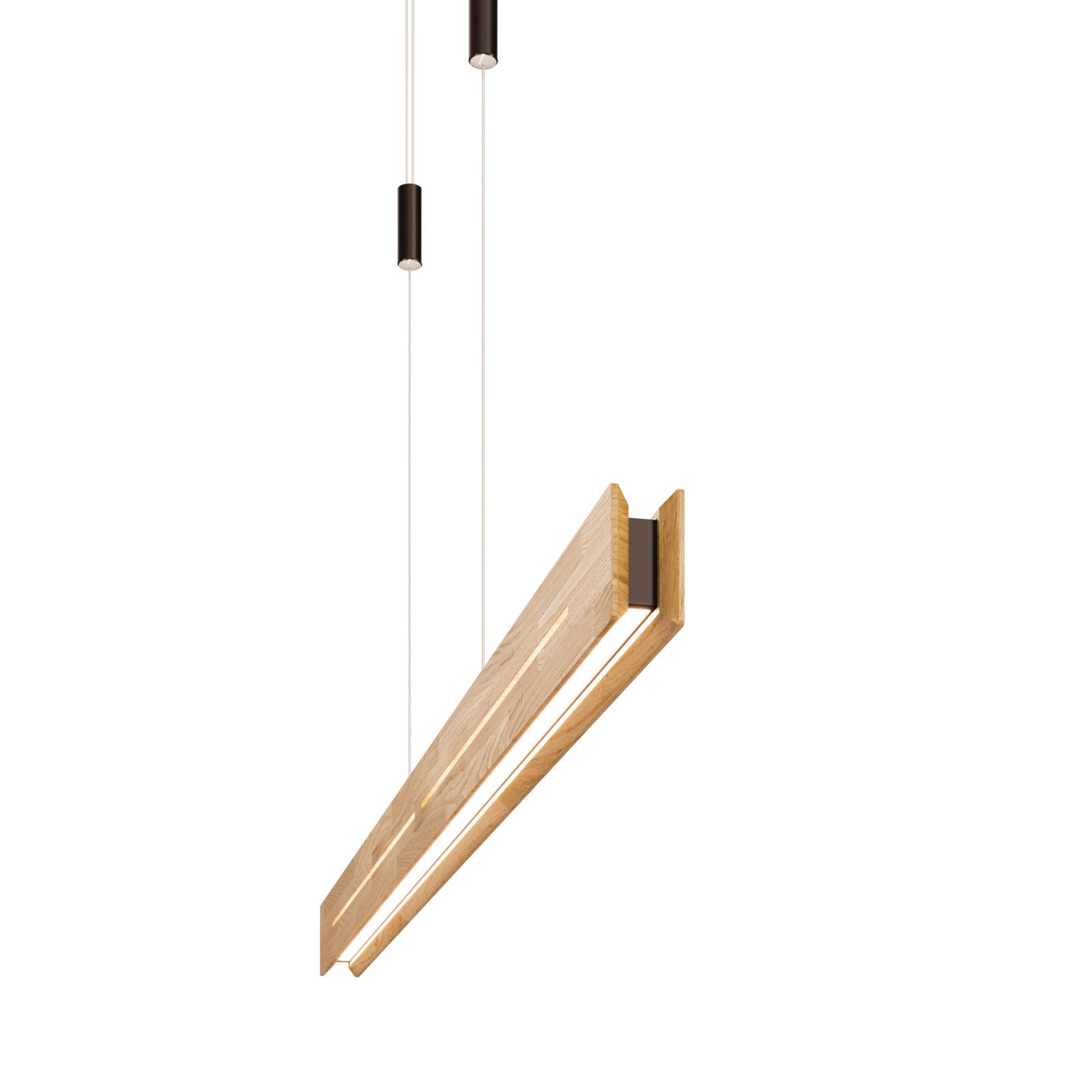 Moderne LED-Pendelleuchte aus Holz in schräger Perspektive von unten betrachtet.