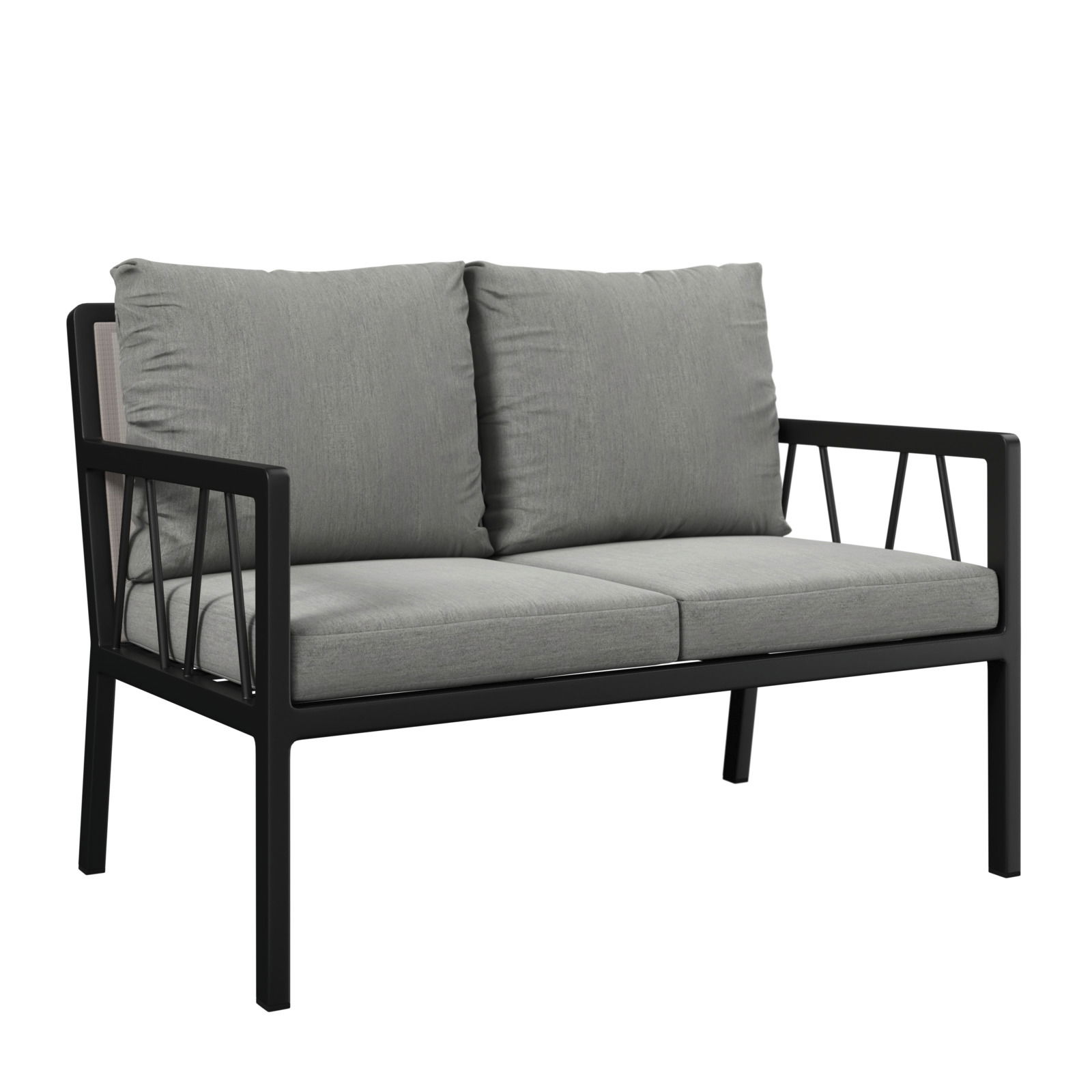 Gartenbank 2er mit grauen Kissen und schwarzem Metallrahmen, seitliche Perspektive