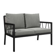 Gartenbank 2er mit grauen Kissen und schwarzem Metallrahmen, seitliche Perspektive
