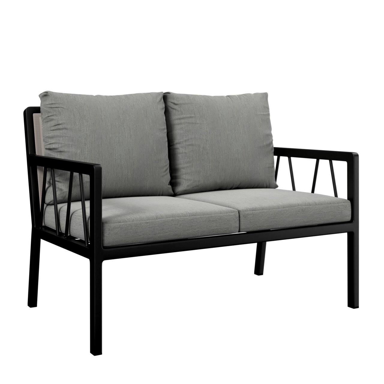 Amatio Gartenbank 2er ZAMORA Gartenbank 2er mit grauen Kissen und schwarzem Metallrahmen, seitliche Perspektive