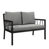 Gartenbank 2er mit grauen Kissen und schwarzem Metallrahmen, seitliche Perspektive