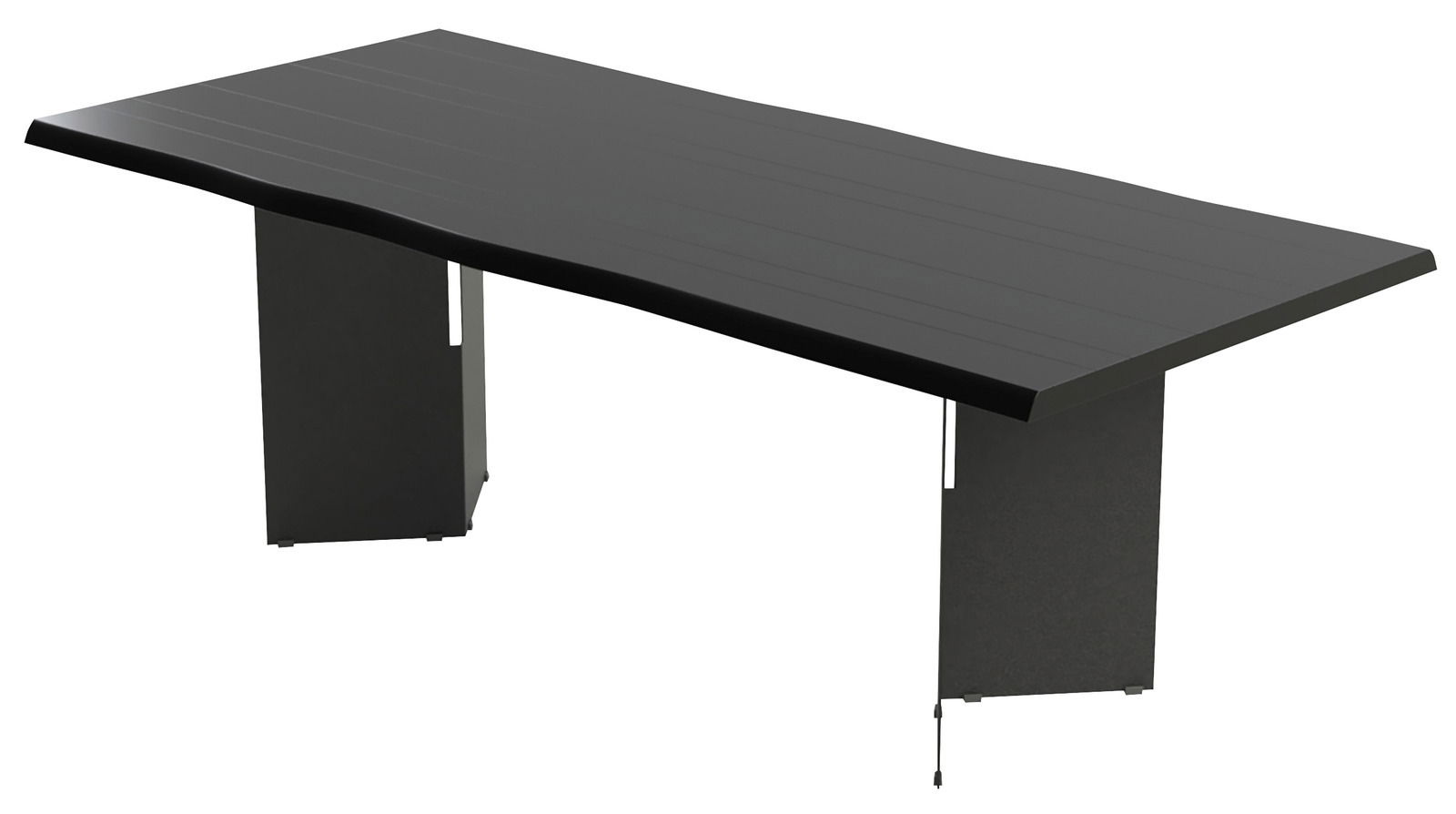 Moderner schwarzer Esstisch mit rechteckiger Tischplatte und stabilen Beinen, seitliche Perspektive