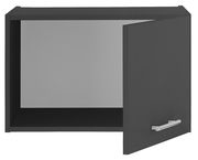 Schwarzer Aufsatzschrank mit einer offenen Tür, seitliche Perspektive