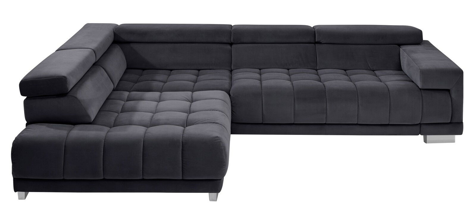 Dunkelgraue Polsterrundecke in L-Form, seitliche Perspektive