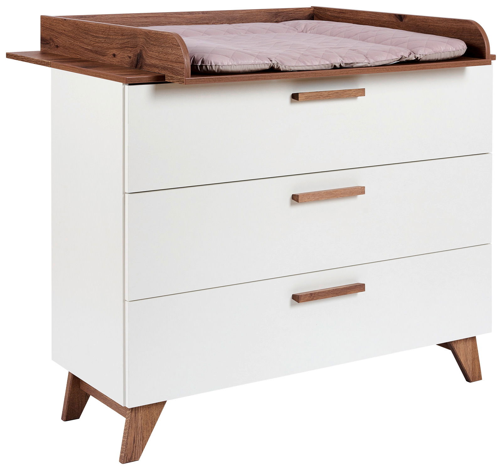 Wickelkommode mit drei Schubladen, weiß mit Holzdetails, seitliche Perspektive