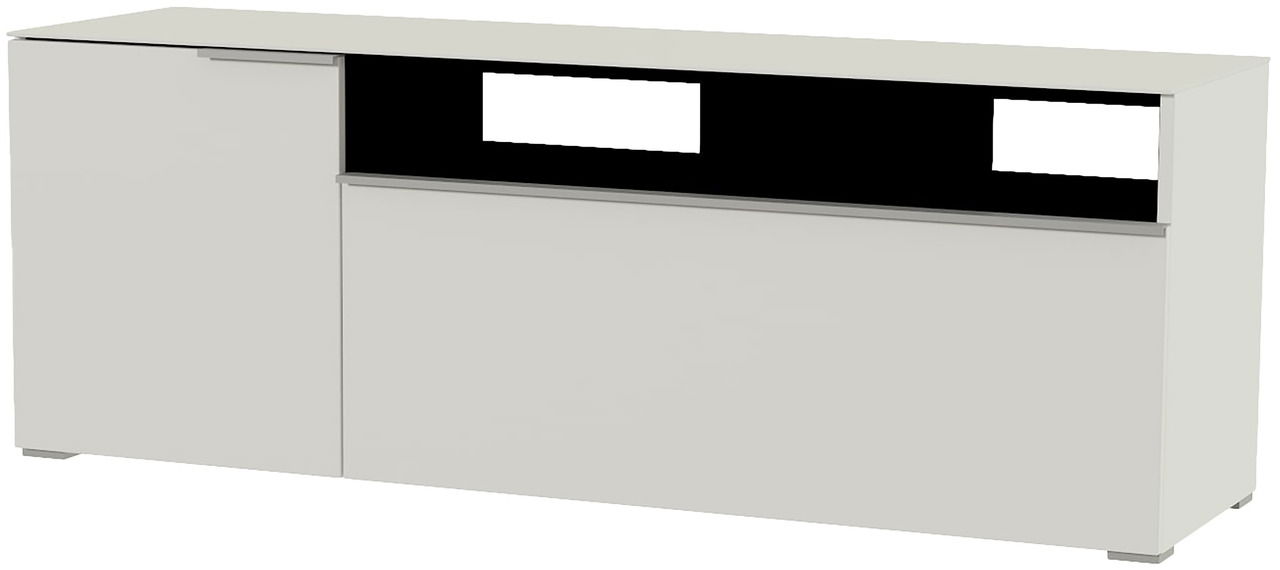 TV-Lowboard in weißer Farbe mit einer Tür und offenen Fächern, seitliche Perspektive