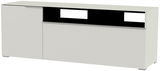 TV-Lowboard in weißer Farbe mit einer Tür und offenen Fächern, seitliche Perspektive