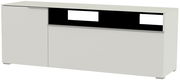 TV-Lowboard in weißer Farbe mit einer Tür und offenen Fächern, seitliche Perspektive