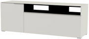 TV-Lowboard in weißer Farbe mit einer Tür und offenen Fächern, seitliche Perspektive