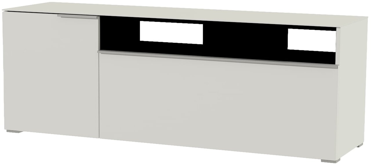 TV-Lowboard in weißer Farbe mit einer Tür und offenen Fächern, seitliche Perspektive