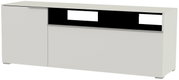 TV-Lowboard in weißer Farbe mit einer Tür und offenen Fächern, seitliche Perspektive