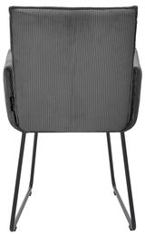 Rückansicht eines grauen Armlehnstuhls mit geripptem Stoffbezug und schwarzen Metallbeinen.