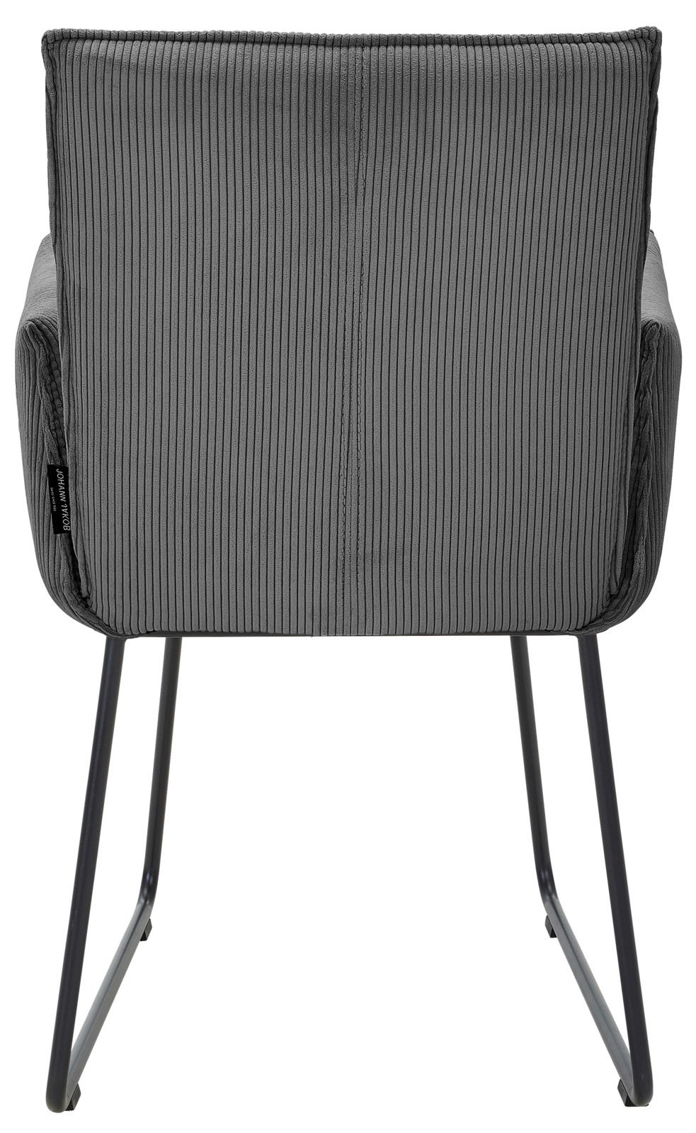 Johann Jakob Armlehnstuhl CALAS Rückansicht eines grauen Armlehnstuhls mit geripptem Stoffbezug und schwarzen Metallbeinen.
