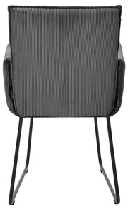 Rückansicht eines grauen Armlehnstuhls mit geripptem Stoffbezug und schwarzen Metallbeinen.