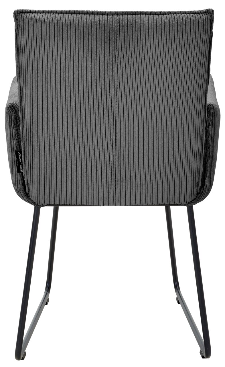 Rückansicht eines grauen Armlehnstuhls mit geripptem Stoffbezug und schwarzen Metallbeinen.