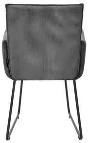 Rückansicht eines grauen Armlehnstuhls mit geripptem Stoffbezug und schwarzen Metallbeinen.
