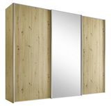 Schwebetürenschrank mit Holzoptik und mittlerem Spiegel, seitliche Perspektive