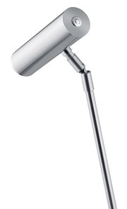 Silberne LED-Tischleuchte mit zylindrischem Kopf, seitliche Perspektive