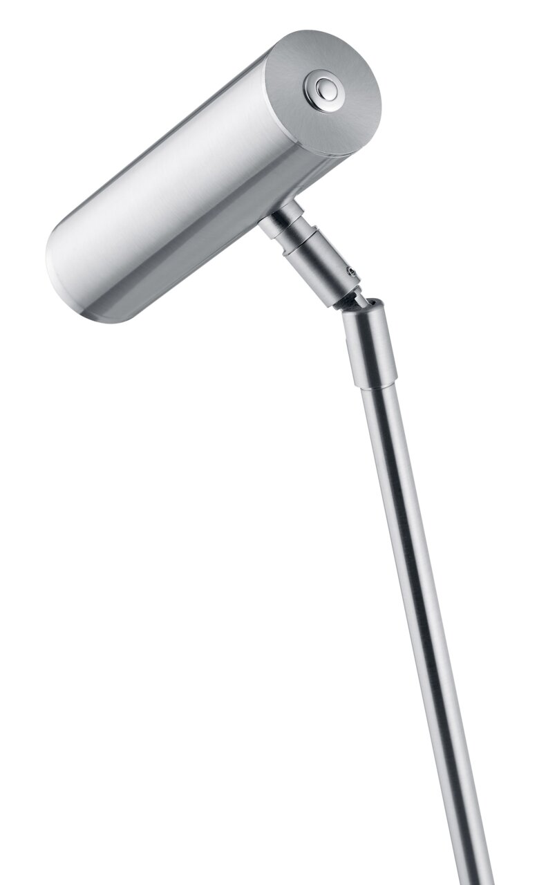 Zilveren led-tafellamp met cilindrische kop, zijaanzicht