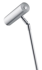 Zilveren led-tafellamp met cilindrische kop, zijaanzicht