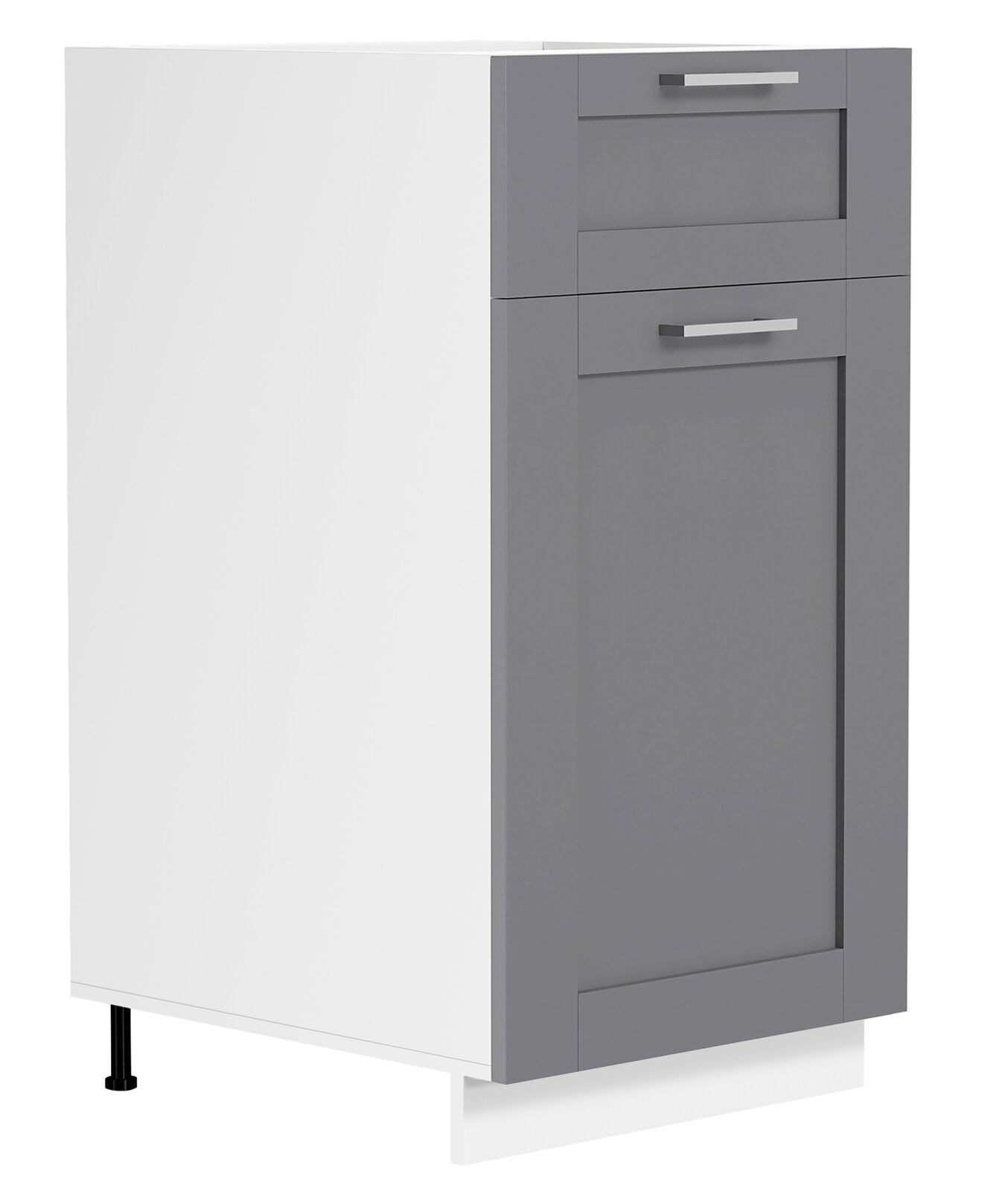 VCM Unterschrank Schublade 40 cm COLURA Zweifarbiger Küchen-Unterschrank mit grauer Front, zwei Schubladen und silbernen Griffen, freigestellt auf weißem Hintergrund, Ansicht schräg von vorne links