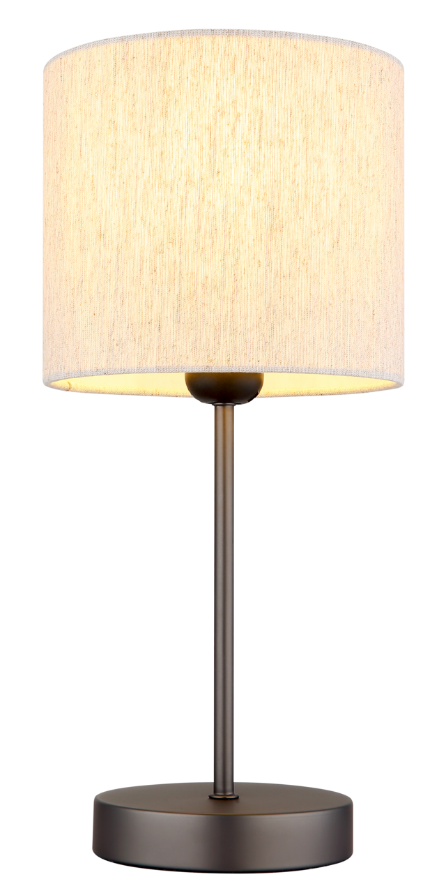 Moderne Tischleuchte mit rundem Stoffschirm und Metallfuß, seitliche Perspektive