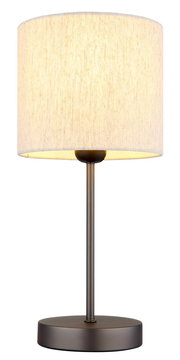 Moderne Tischleuchte mit rundem Stoffschirm und Metallfuß, seitliche Perspektive