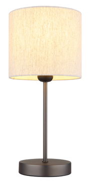 Moderne Tischleuchte mit rundem Stoffschirm und Metallfuß, seitliche Perspektive