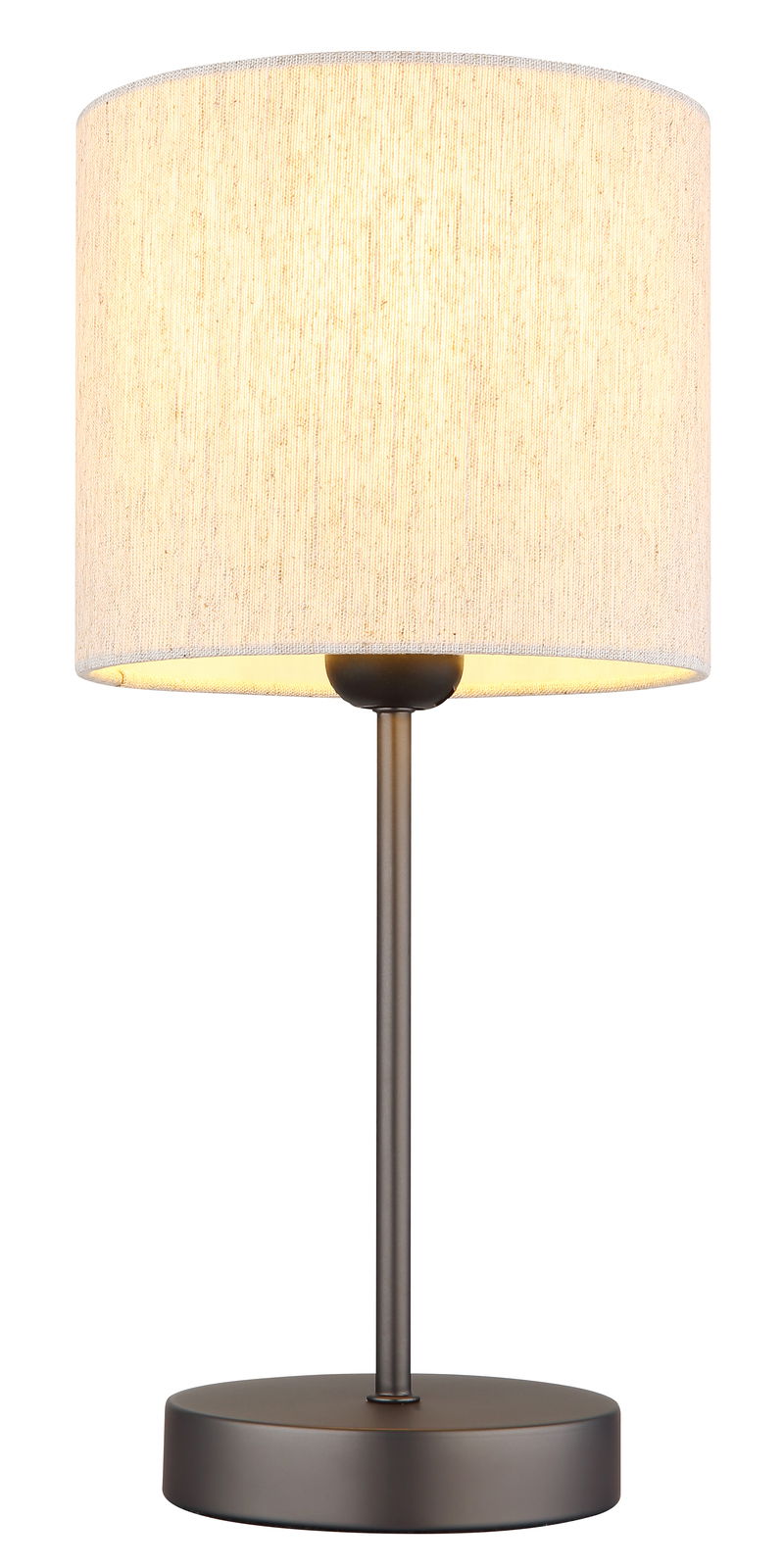 Moderne Tischleuchte mit rundem Stoffschirm und Metallfuß, seitliche Perspektive