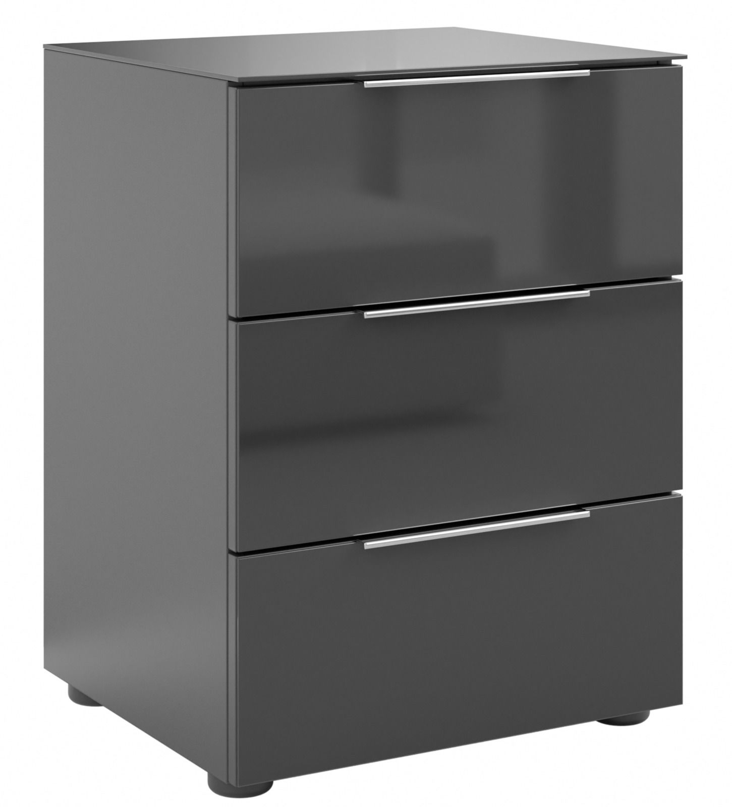 Novel Nachtkommode STYLE Moderne Nachtkommode in dunklem Grau mit drei Schubladen und silbernen Griffen, seitliche Perspektive