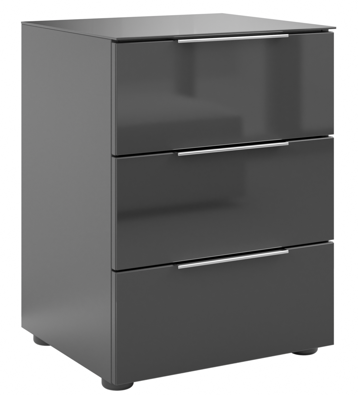 Novel Nachtkommode STYLE Moderne Nachtkommode in dunklem Grau mit drei Schubladen und silbernen Griffen, seitliche Perspektive