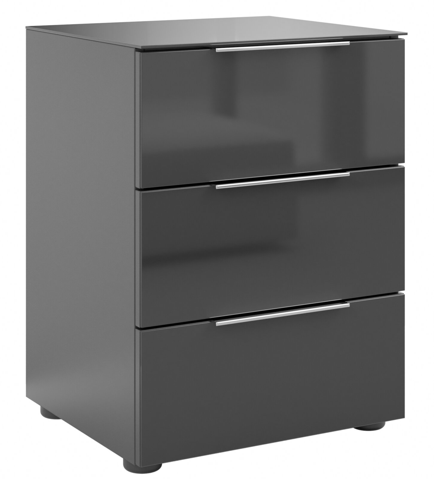 Novel Nachtkommode STYLE Moderne Nachtkommode in dunklem Grau mit drei Schubladen und silbernen Griffen, seitliche Perspektive