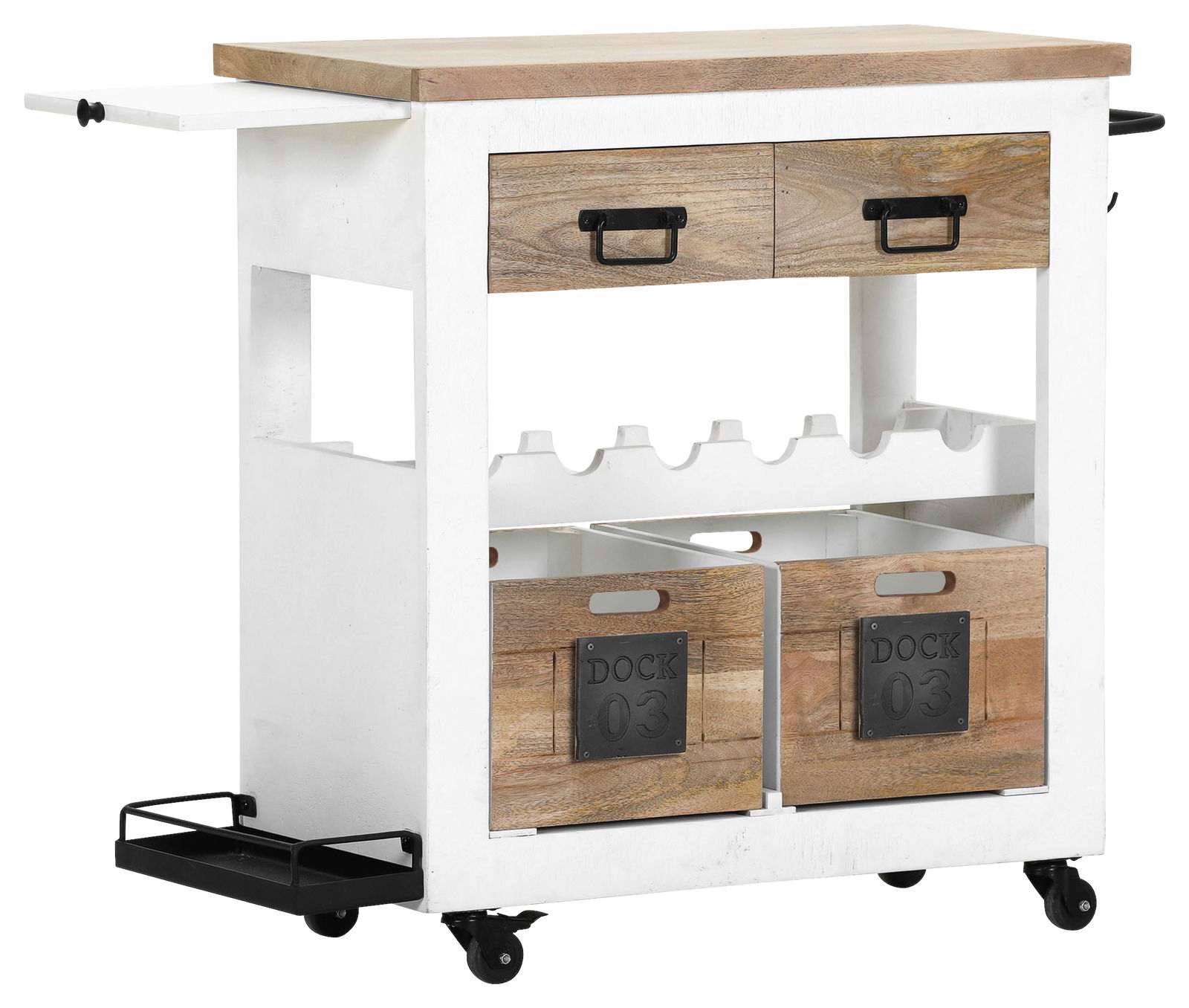 Z2 Barwagen DOCK 03 Barwagen aus Holz mit weißem Rahmen, zwei Schubladen, Flaschenhalter und zwei Holzkisten, seitliche Perspektive