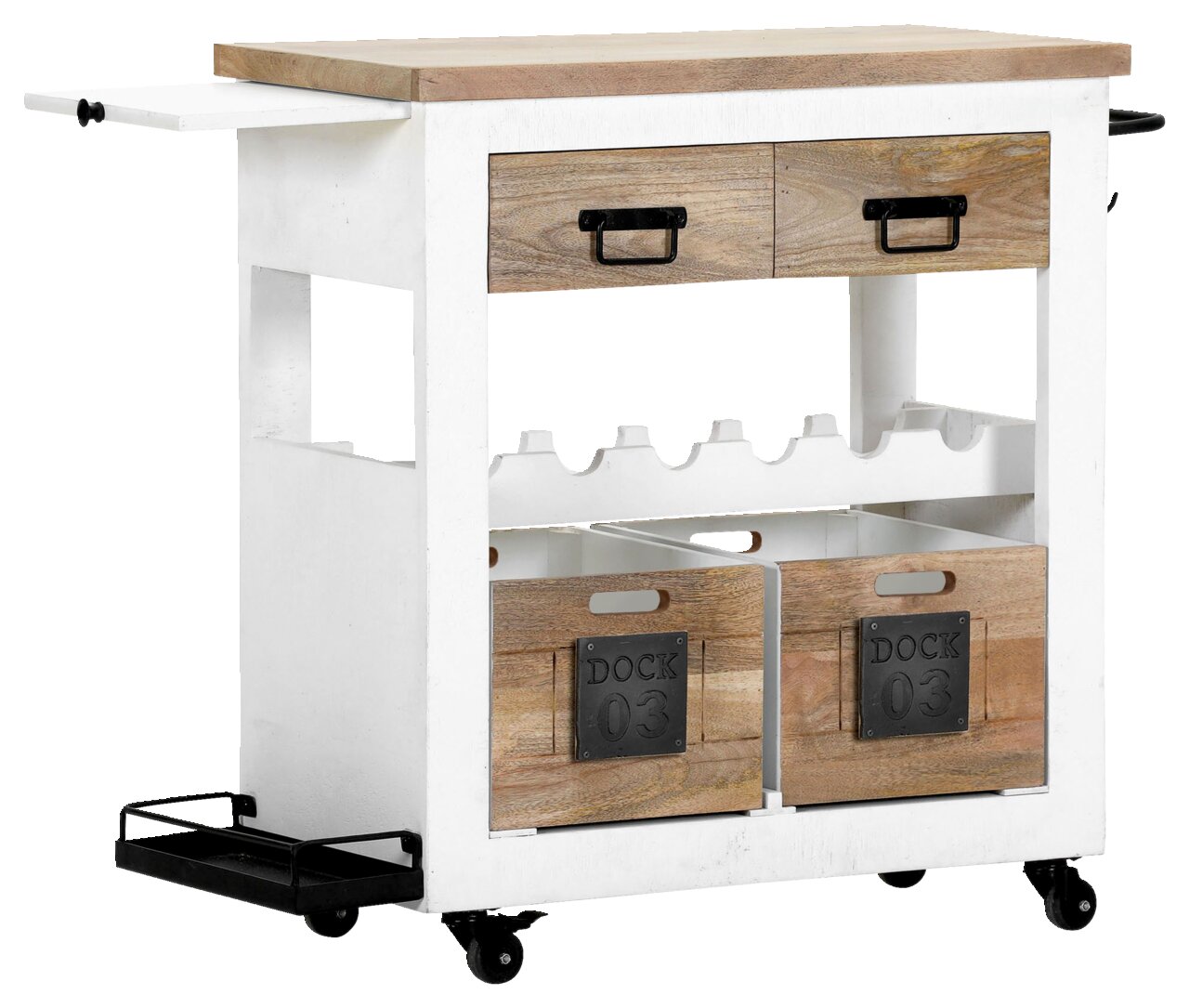 Barwagen aus Holz mit weißem Rahmen, zwei Schubladen, Flaschenhalter und zwei Holzkisten, seitliche Perspektive
