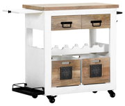 Houten barwagen met wit frame, twee lades, flessenhouders en twee houten kisten, zijaanzicht