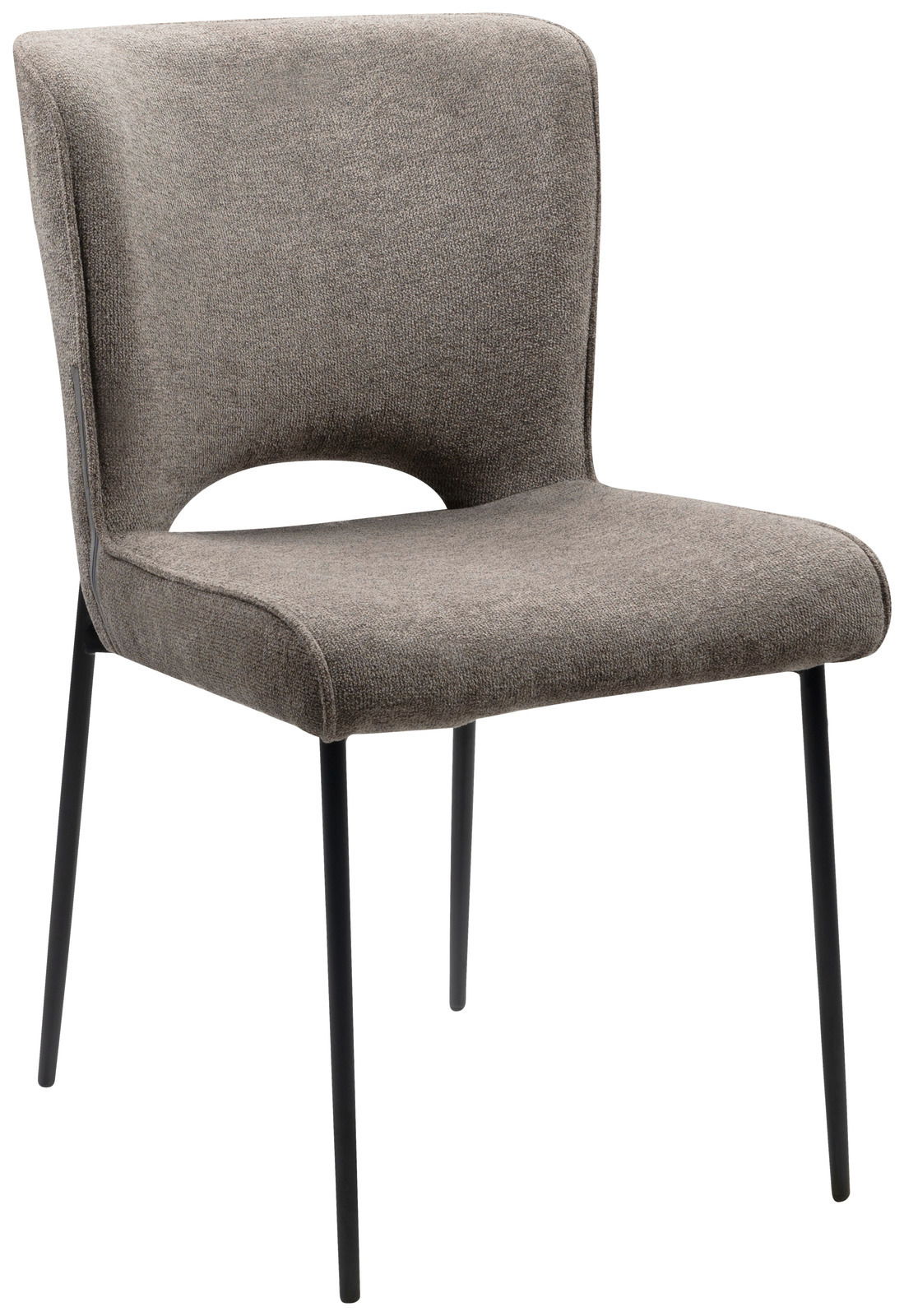 Moderner grauer Stuhl mit schwarzem Metallgestell, seitliche Perspektive