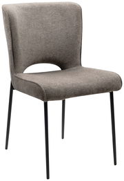 Moderner grauer Stuhl mit schwarzem Metallgestell, seitliche Perspektive