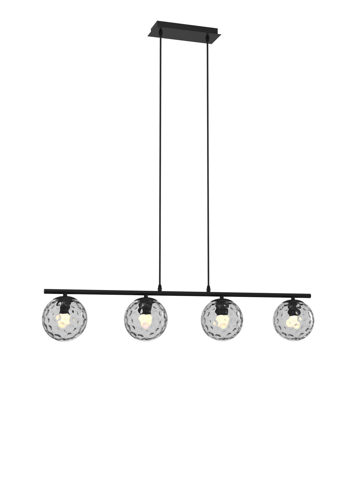 Moderne Hängeleuchte mit vier kugelförmigen, strukturierten Glaskörpern, seitliche Perspektive
