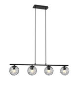 Moderne Hängeleuchte mit vier kugelförmigen, strukturierten Glaskörpern, seitliche Perspektive